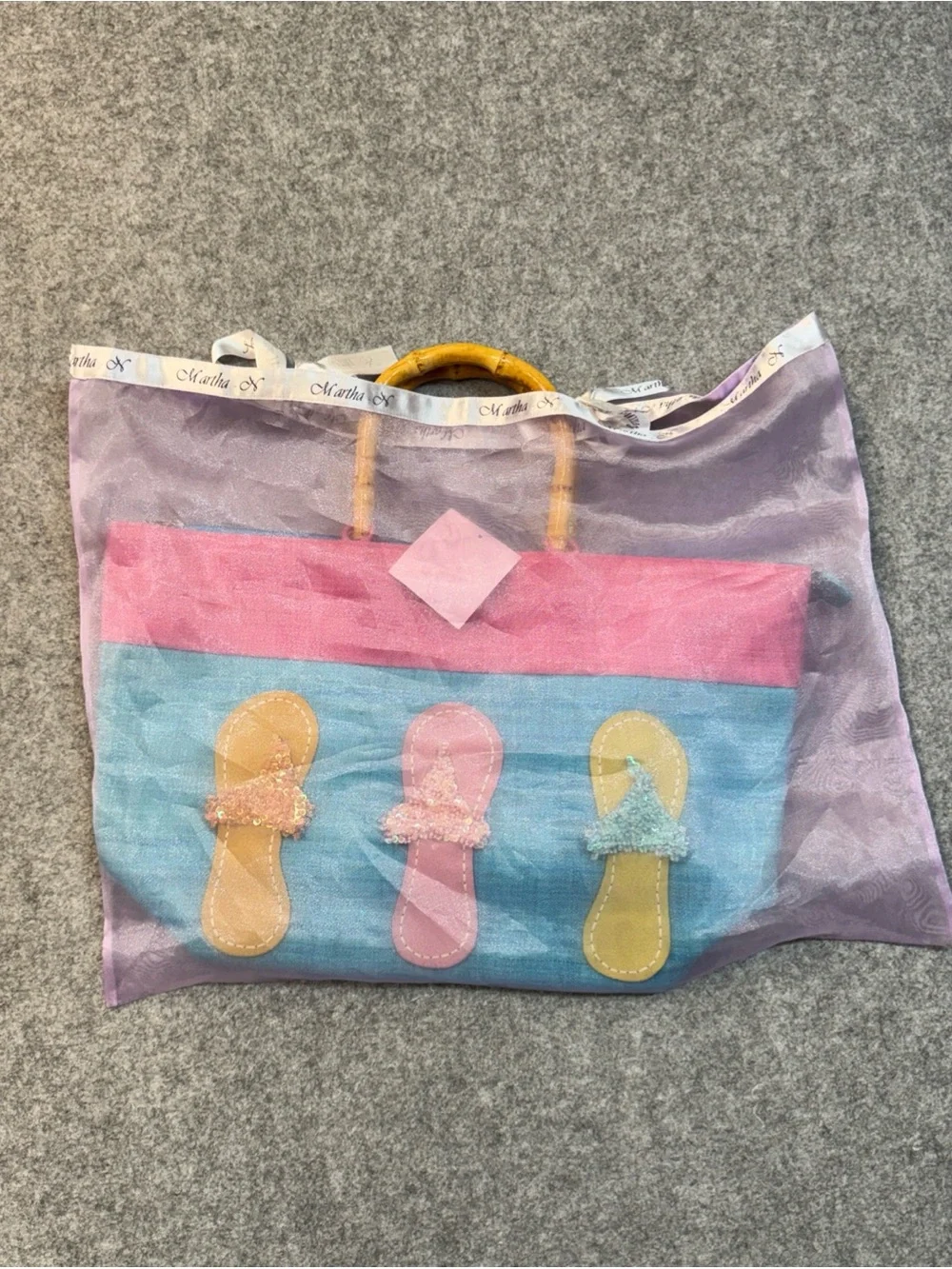 Anna Bui Gallery Handmade Tote Bag Bamboo Handles Flip Flop Appliqué